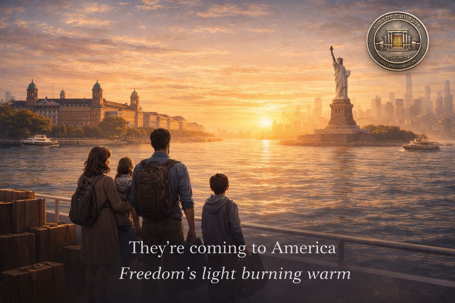 Foundation illustration of a family looking toward a new beginning in America