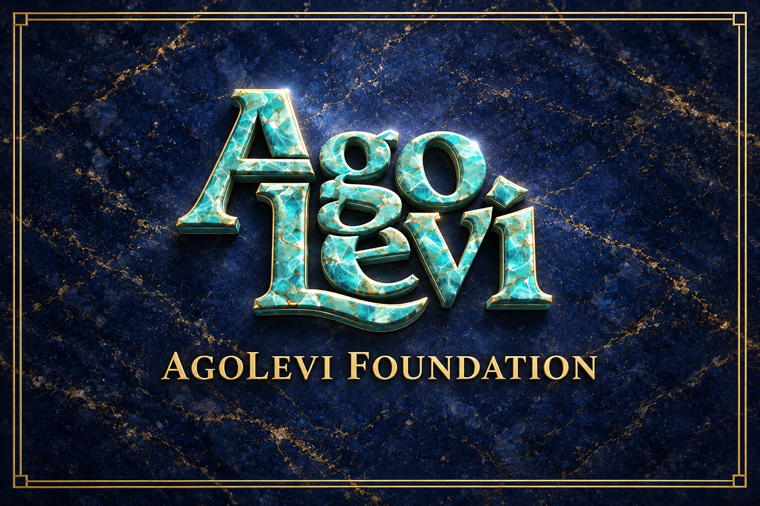 AgoLevi Foundation, sculpted turquoise lettering with gold edging on blue stone